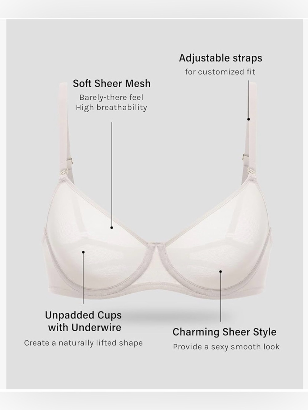 Sheer Unpadded Underwire Bra: 32C 
Color: coconut